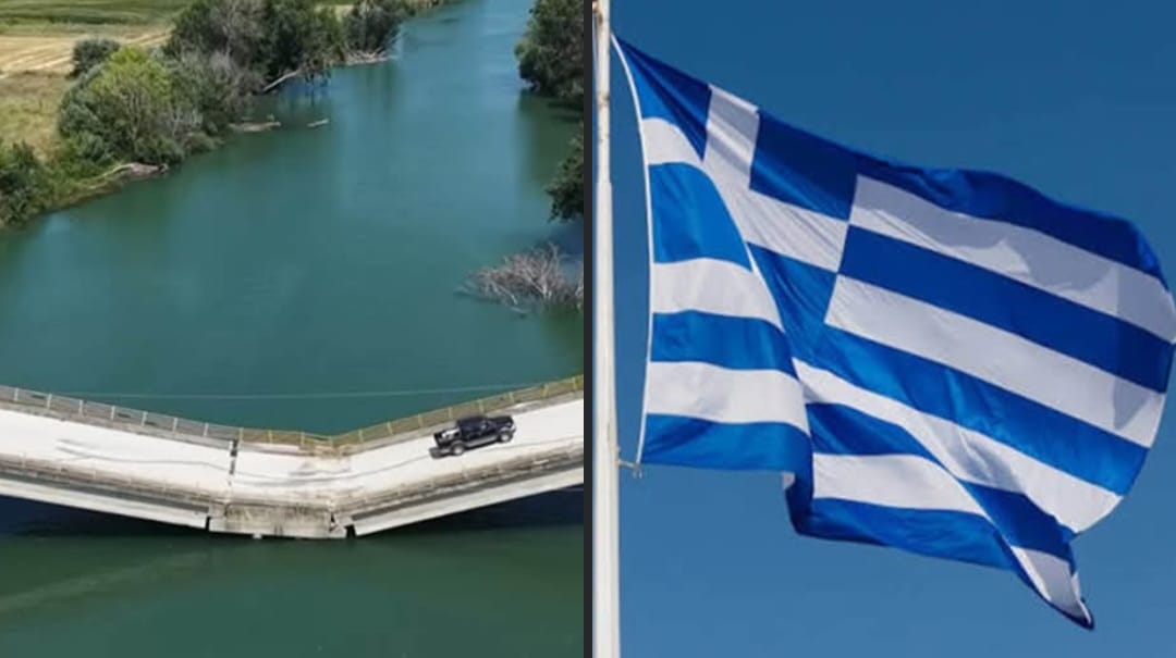 Puente-en-Grecia En Grecia conducen sobre un puente colapsado porque es más rápido que rodearlo